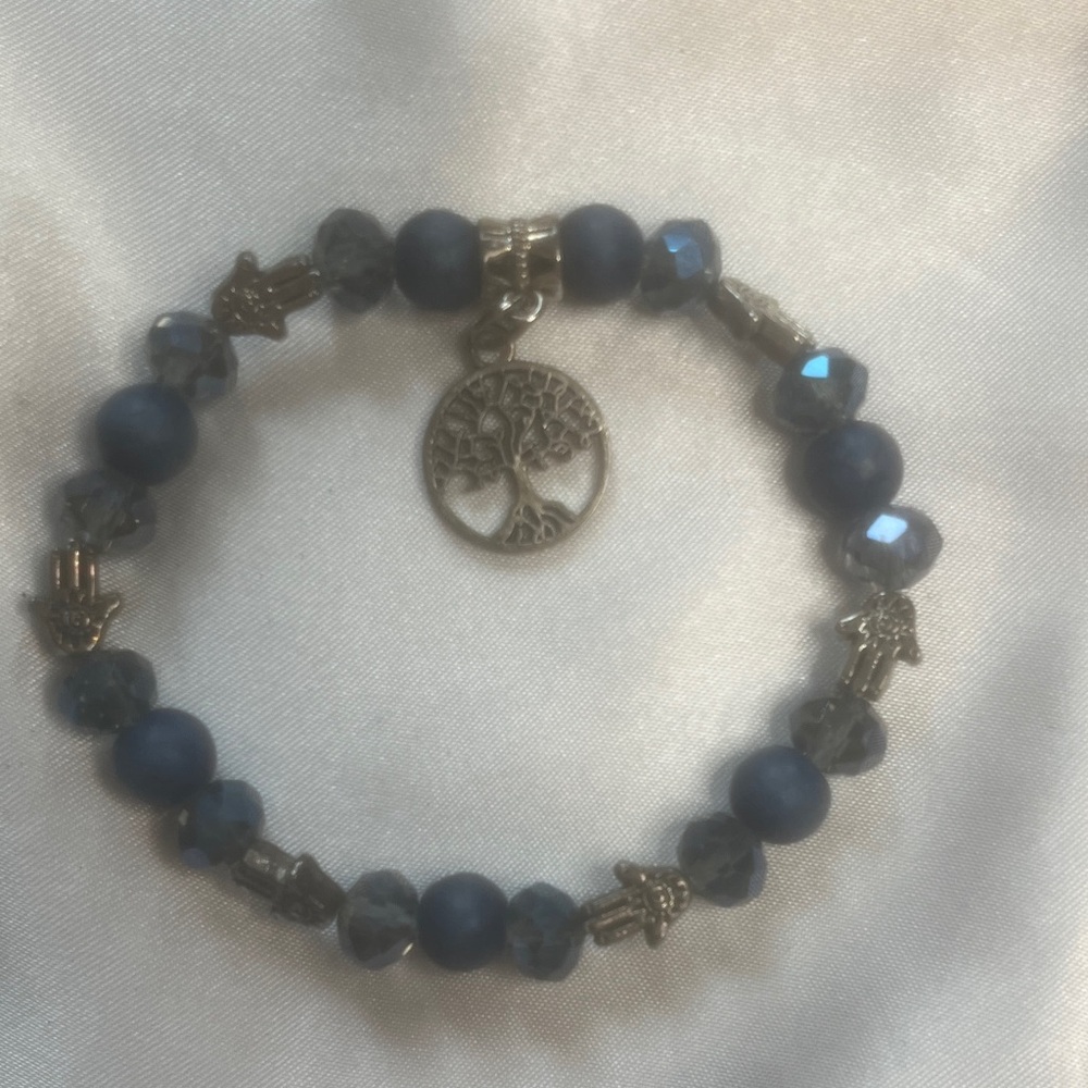Silver and Blue Beaded Bracelet with Tree of Life Charm